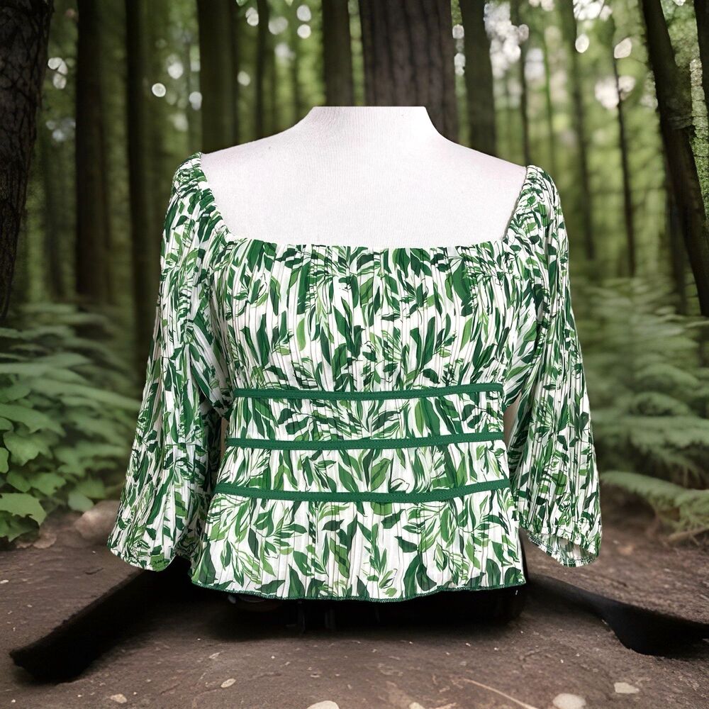 Allie Rose Off Shoulder Smocked Ruffle 3/4 Sleeve Tunic Top Leafy Print Blouse
